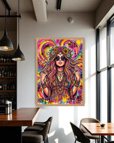 Colorful abstract art print of a woman with flowers in a modern dining room.