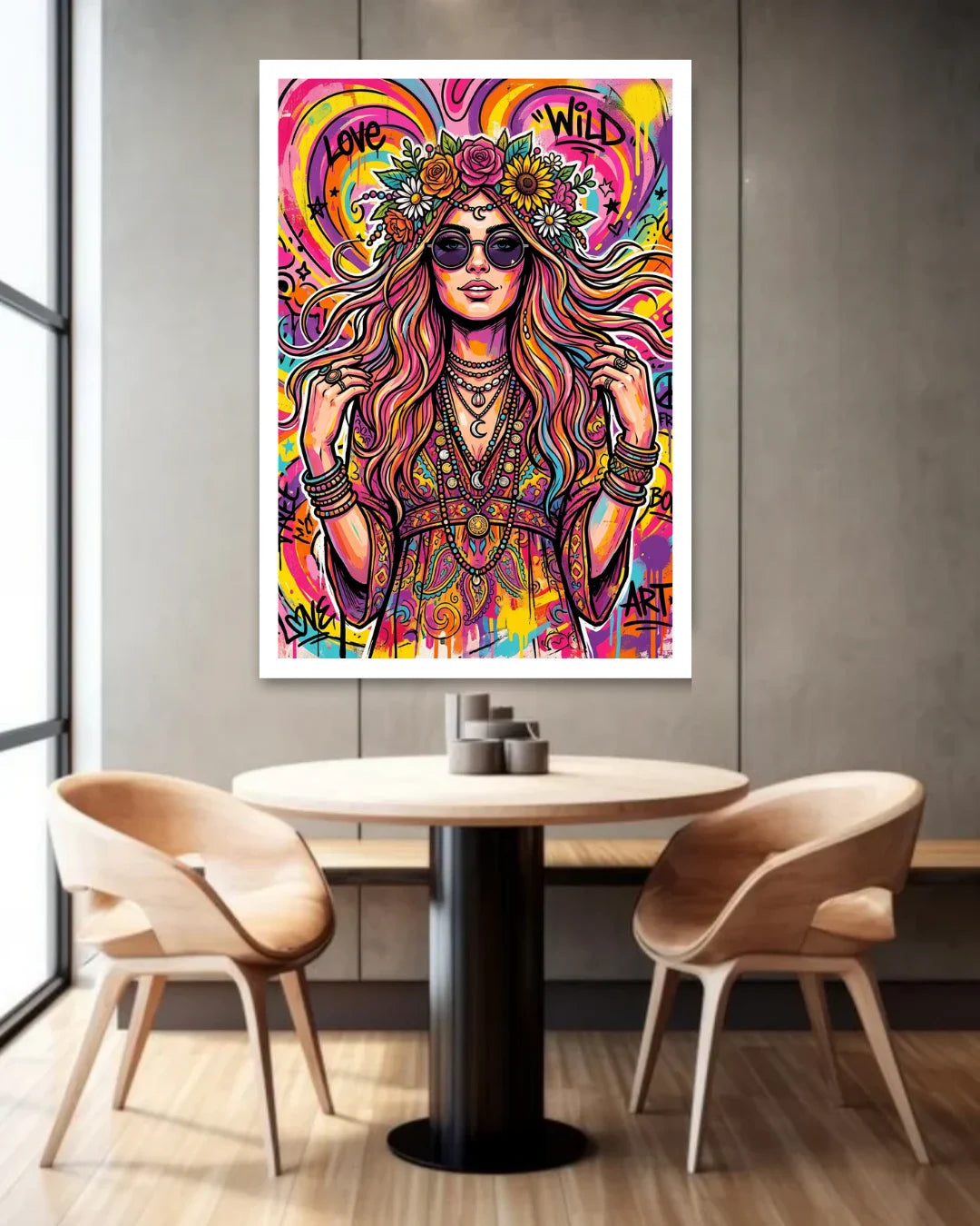Colorful abstract art of a woman with flowers in her hair on a wall above a dining table.