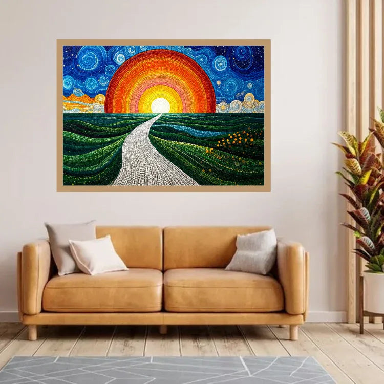 A framed colorful landscape painting hangs on a white wall above a tan leather sofa in a modern living room. The artwork depicts a winding path through green fields under a large red, orange, and yellow sun with swirling blue sky patterns.