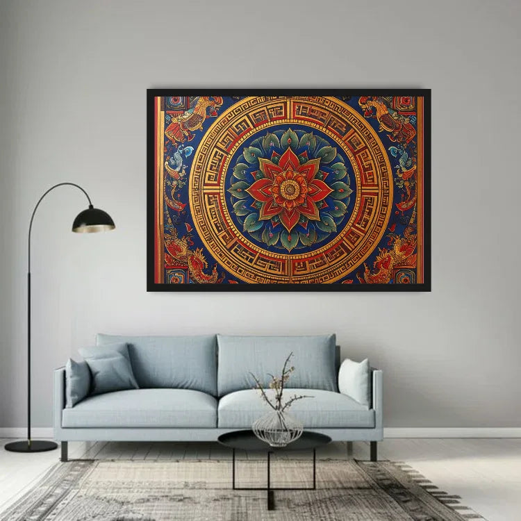A framed square wall art print featuring a colorful mandala and geometric design, displayed above a light blue sofa in a modern living room setting.