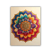 A square canvas wall art print featuring a highly detailed, colorful mandala design in shades of orange, yellow, red, pink, purple, and blue on a beige background.