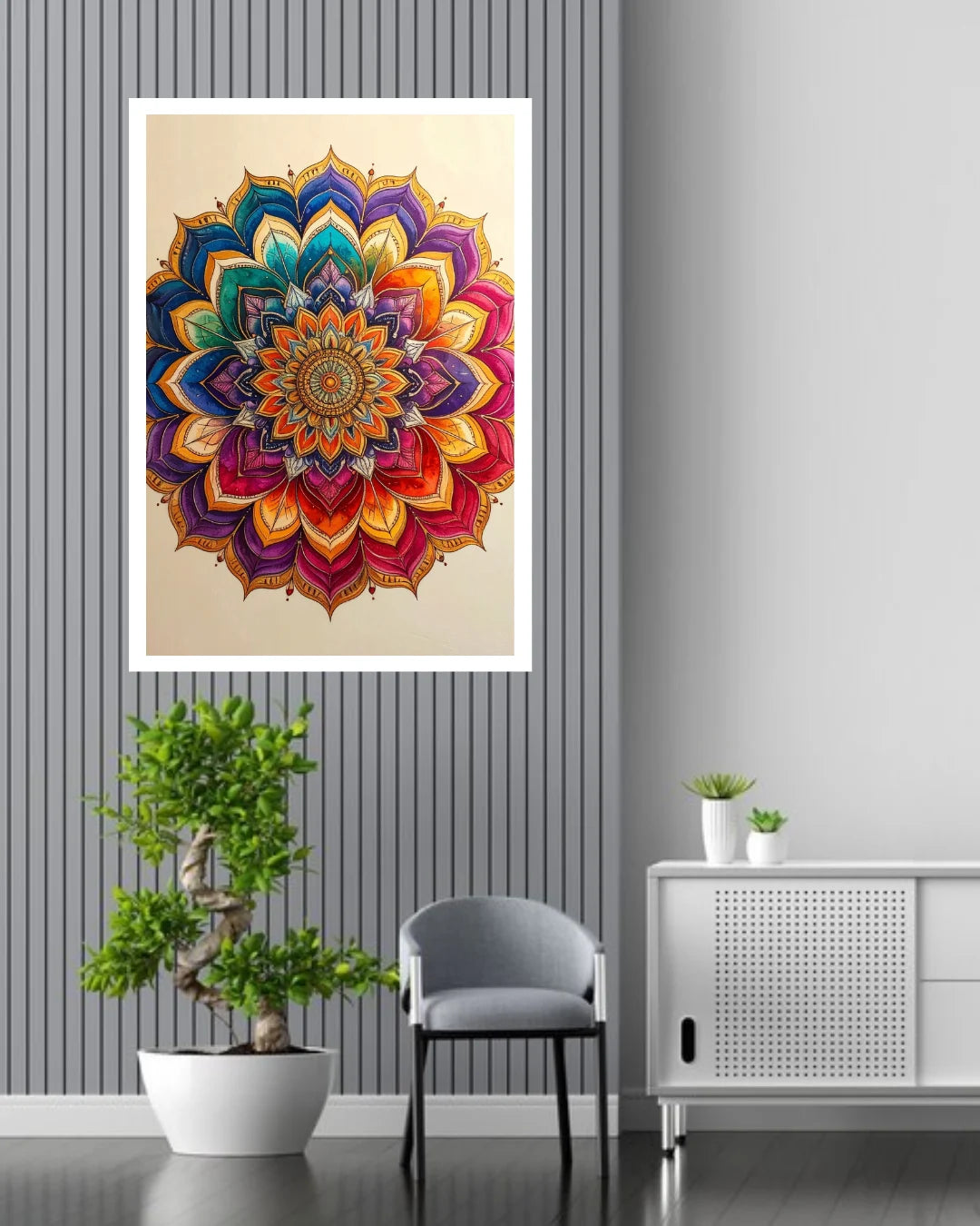 A colorful mandala art print with intricate circular patterns in red, orange, yellow, green, blue, and purple, displayed on a gray wood-paneled wall above a potted plant and a gray chair in a modern room setting.