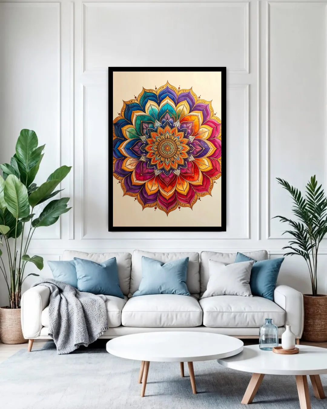A colorful mandala art print in a black frame, displayed on a white paneled wall above a modern white sofa in a styled living room.