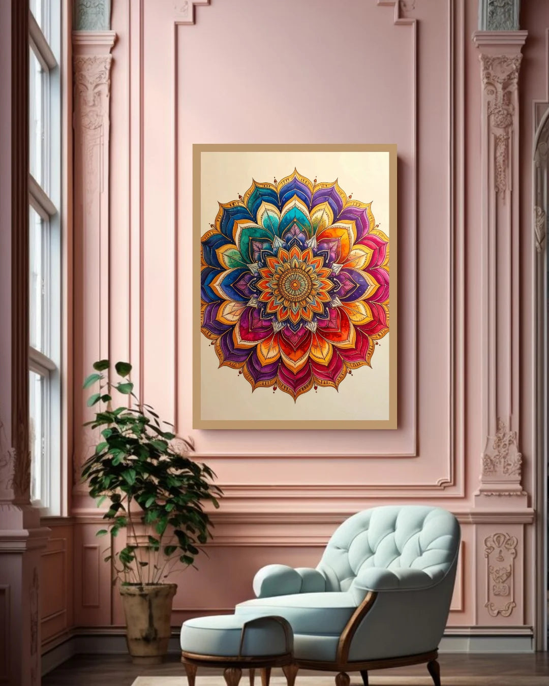 A colorful mandala art print in a gold frame hangs on a pink wall in a styled room with a light blue armchair, a potted plant, and ornate molding.