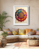 A framed colorful mandala art print hangs on a beige wall above a woven sofa with yellow and orange pillows in a styled living room.