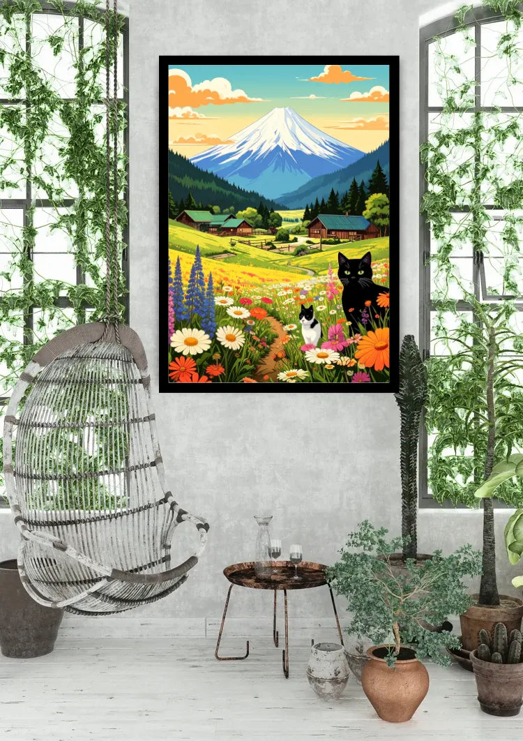 A framed vertical art print depicting a colorful mountain landscape with flowers, a black cat, and a small dog, displayed on a light gray wall in a styled room with plants and a hanging chair.