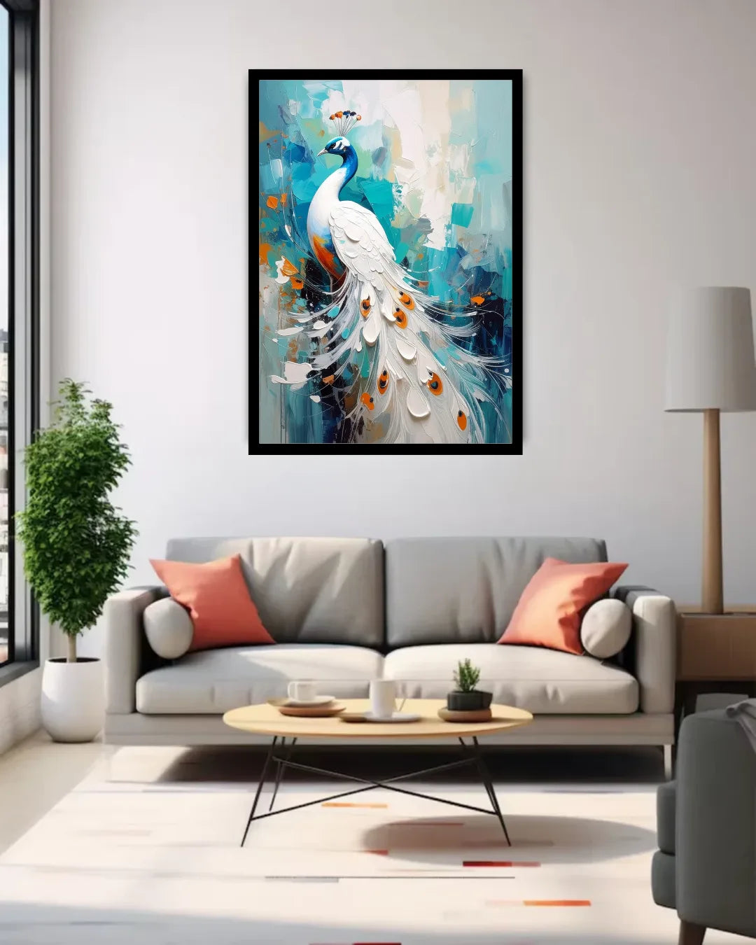 Living room with a gray sofa, coffee table, and a colorful peacock painting on the wall.