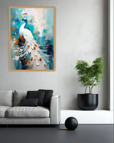 Framed abstract painting of a peacock in a living room setting with a gray sofa and plant.