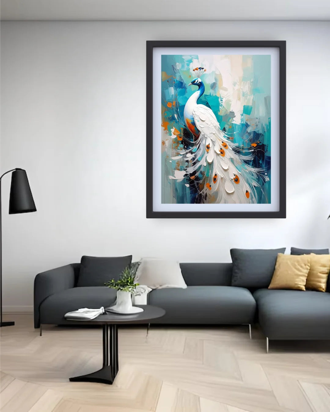 Framed painting of a peacock in a modern living room setting