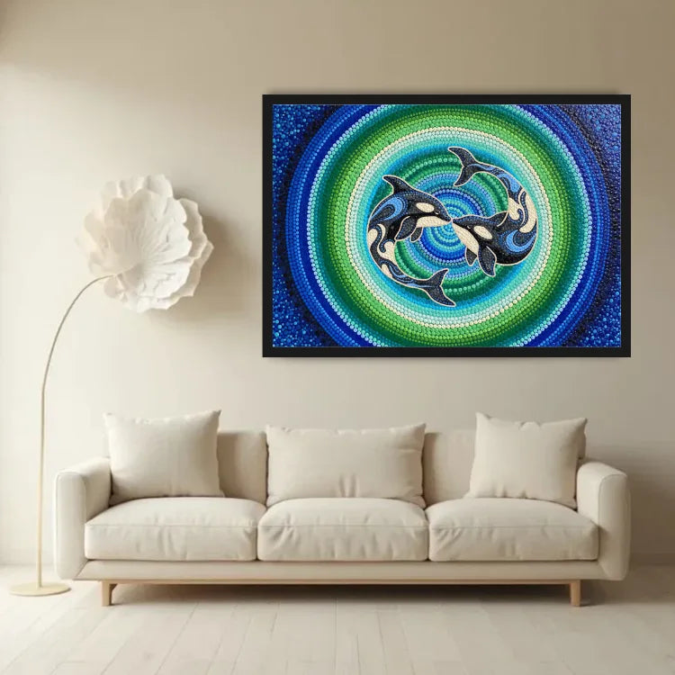 A framed colorful wall art piece featuring two orcas in a circular blue and green dotted design, displayed above a cream-colored sofa in a modern living room setting.