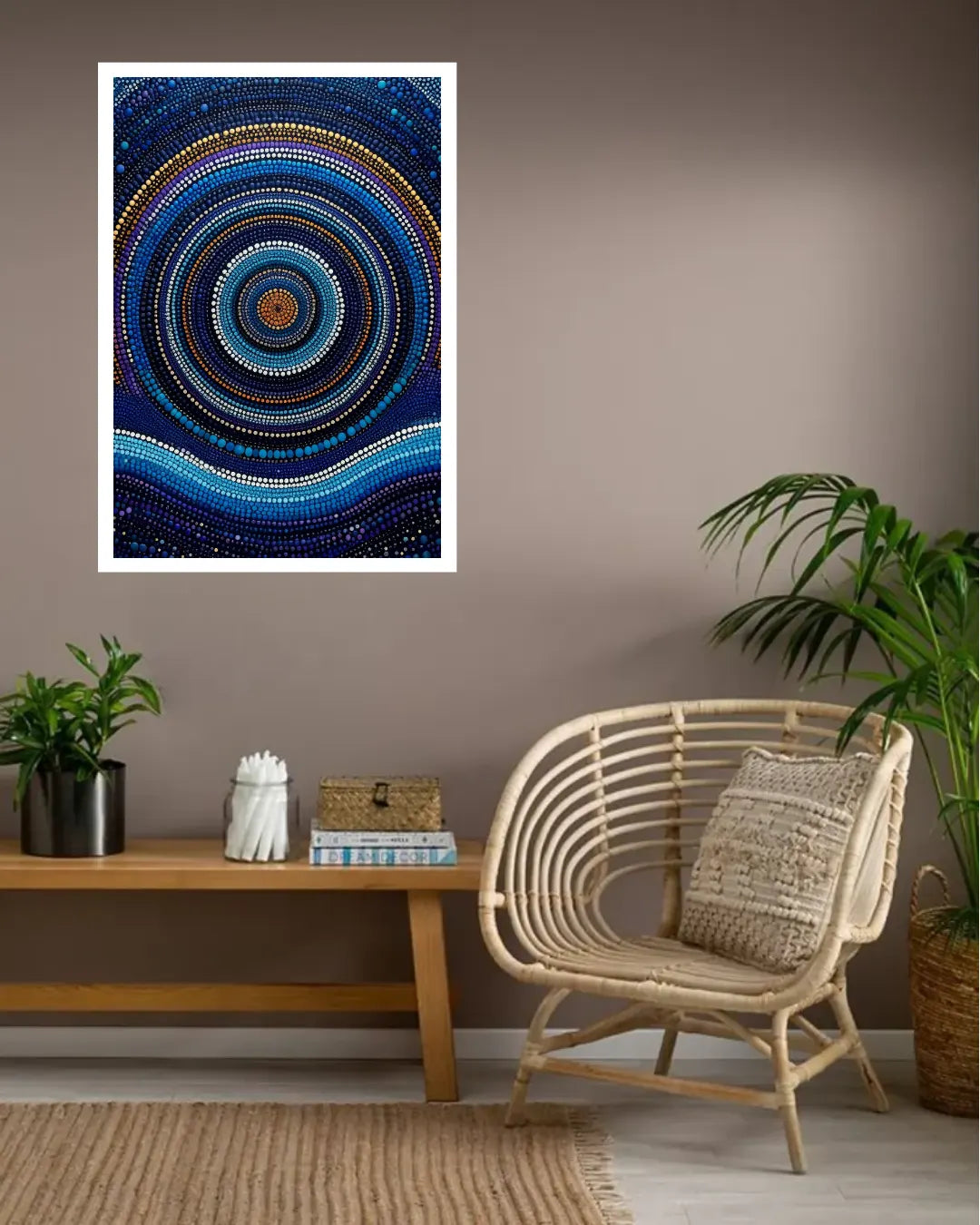 A framed abstract wall art print featuring concentric circles and flowing wave-like bands in deep blue, teal, and white, displayed on a taupe wall above a wooden bench with plants and a rattan chair in a styled room.