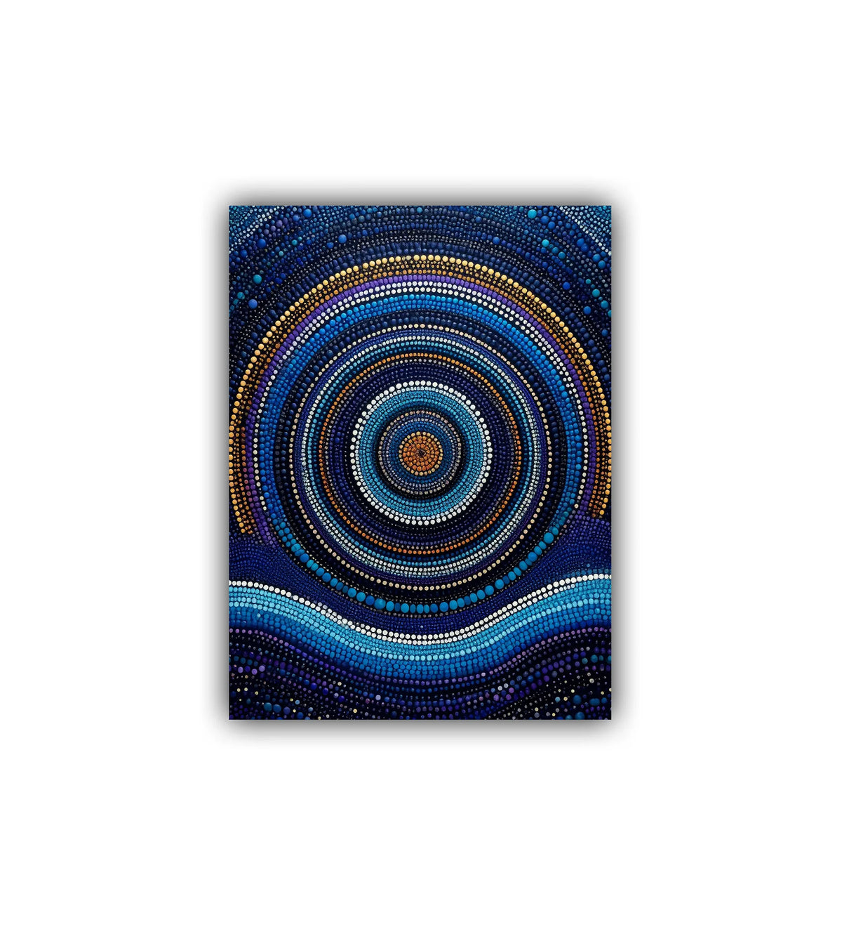 Abstract circular artwork with concentric blue and gold rings on a white background