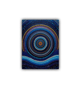Abstract circular artwork with concentric blue and gold rings on a white background
