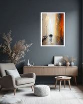 abstract couple walking painting in stylish home interior