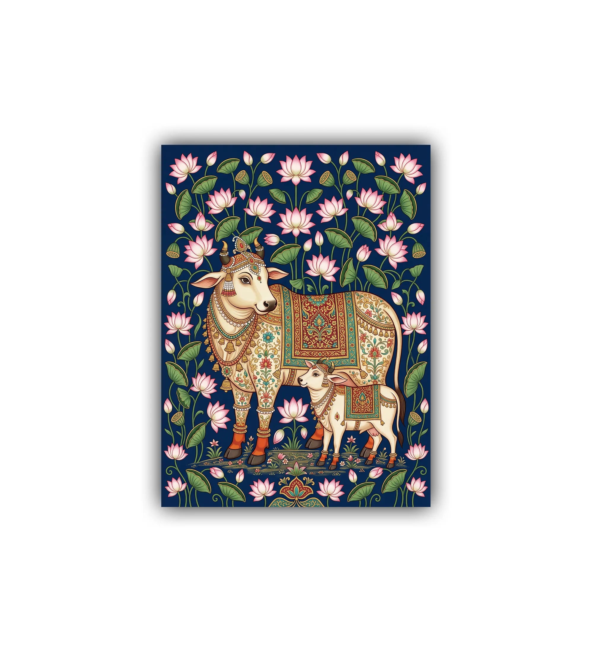 close-up of cow and calf canvas painting with intricate patterns