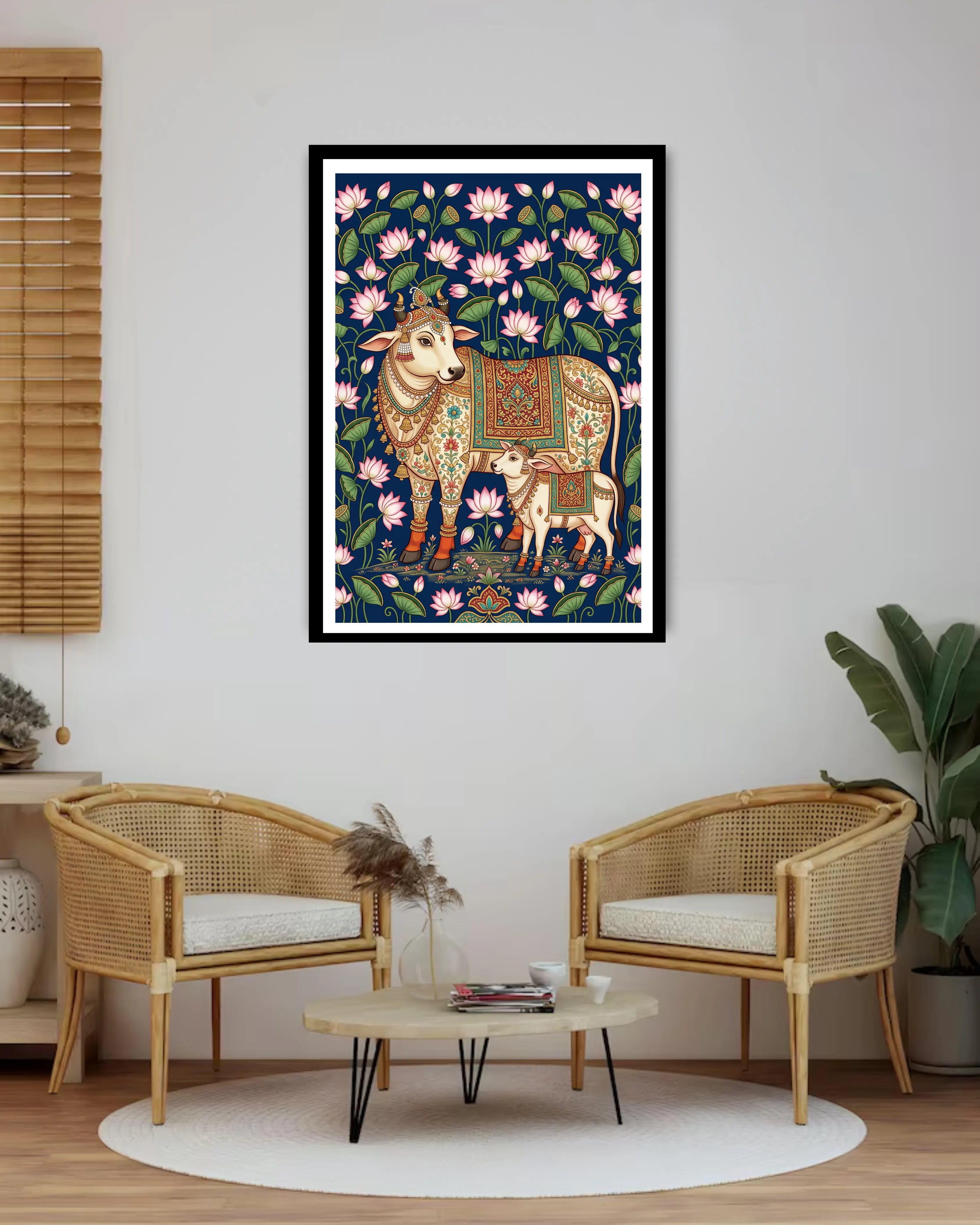 cow and calf wall art displayed above chairs in modern living room