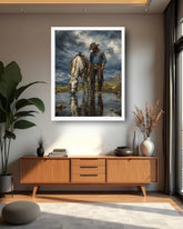 Rustic cowboy and horse wall art decorating a modern hallway with wooden furniture and indoor plants.