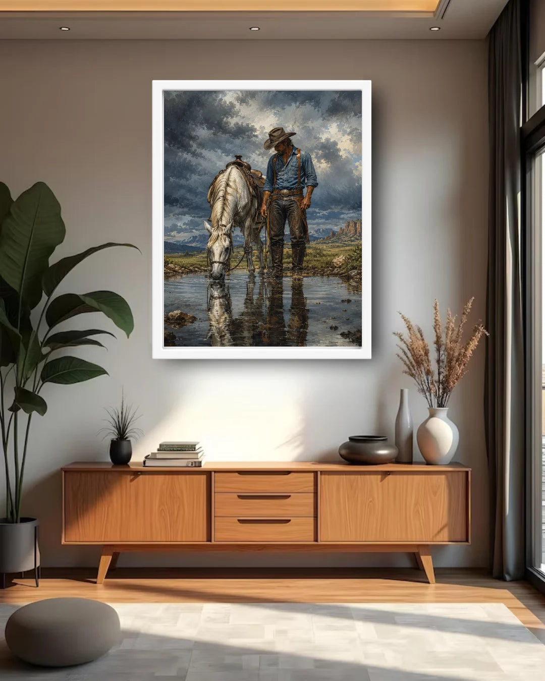 Rustic cowboy and horse wall art decorating a modern hallway with wooden furniture and indoor plants.