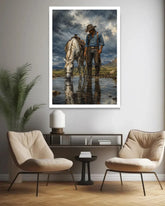 Framed cowboy and horse wall art above two lounge chairs in a contemporary living room.