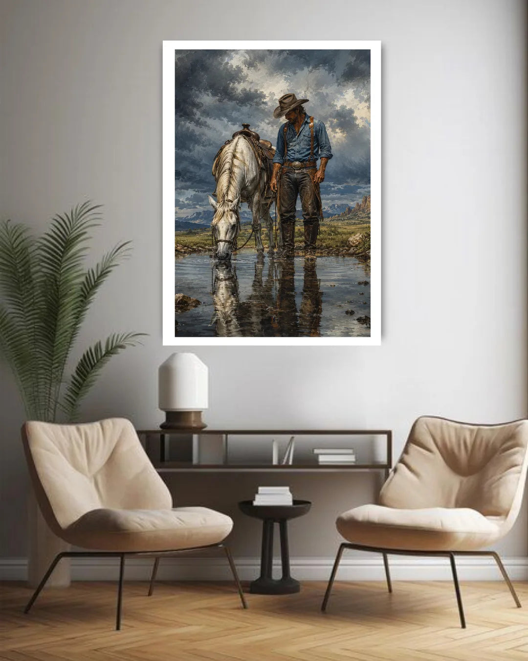 cowboy couple wall art canvas in modern living room decor