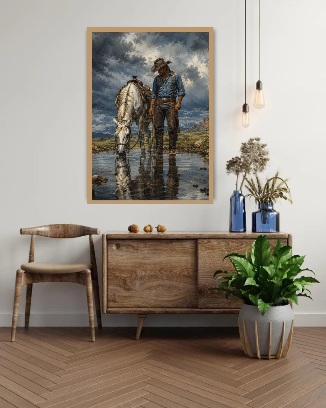 cowboy canvas art with rainy landscape scene