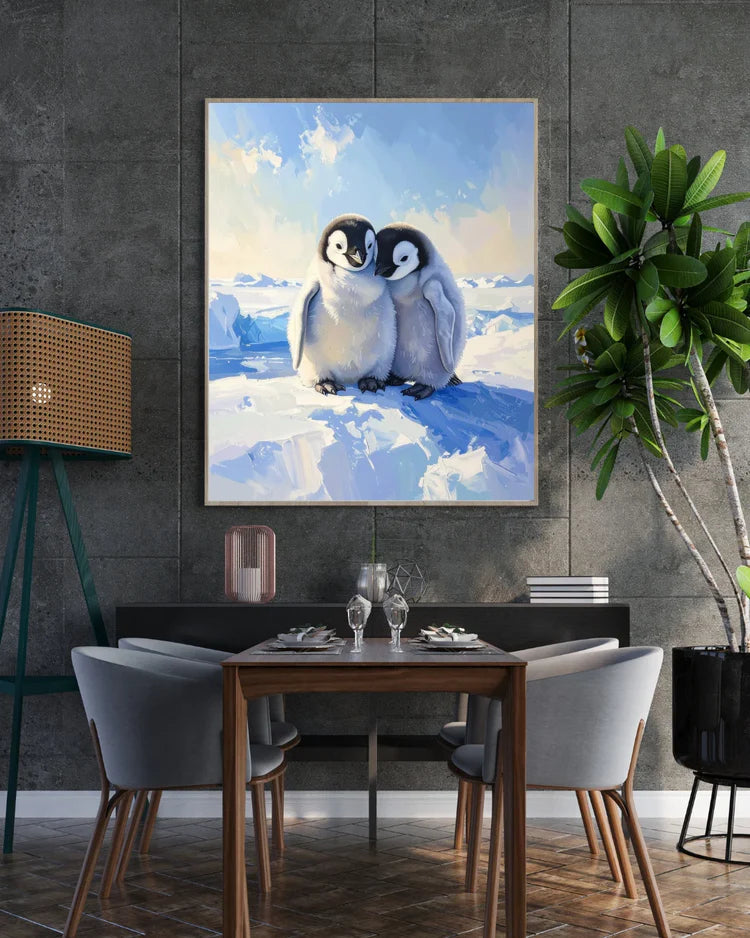 Dining room with a framed painting of penguins on an iceberg, a table, chairs, and a plant.