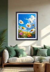 Cozy living room decorated with daisy floral wall art canvas above sofa
