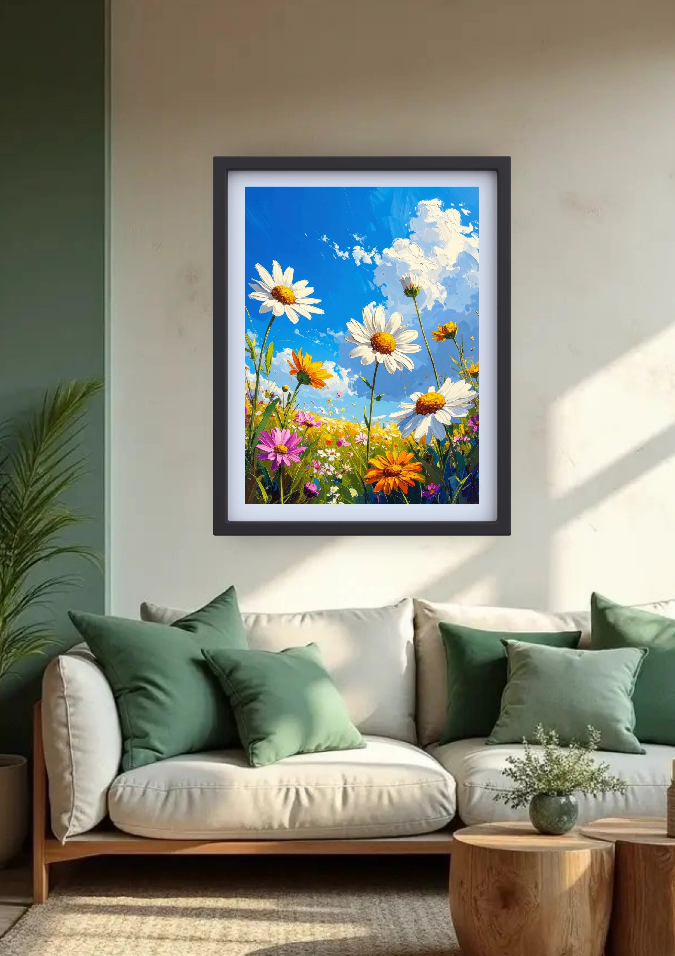 Cozy living room decorated with daisy floral wall art canvas above sofa

