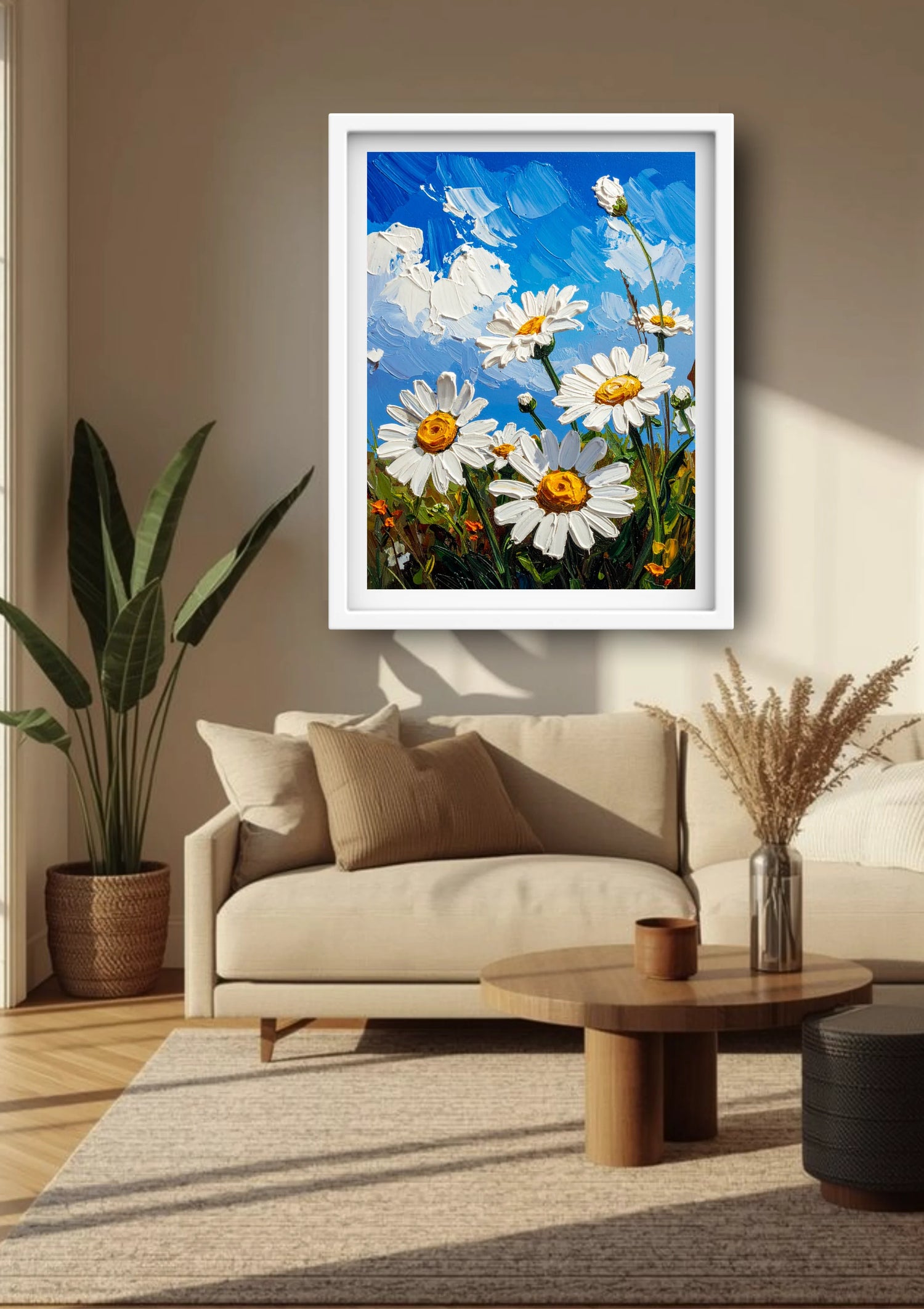 Cozy room decorated with daisy floral wall art canvas above sofa
