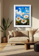 Cozy room decorated with daisy floral wall art canvas above sofa
