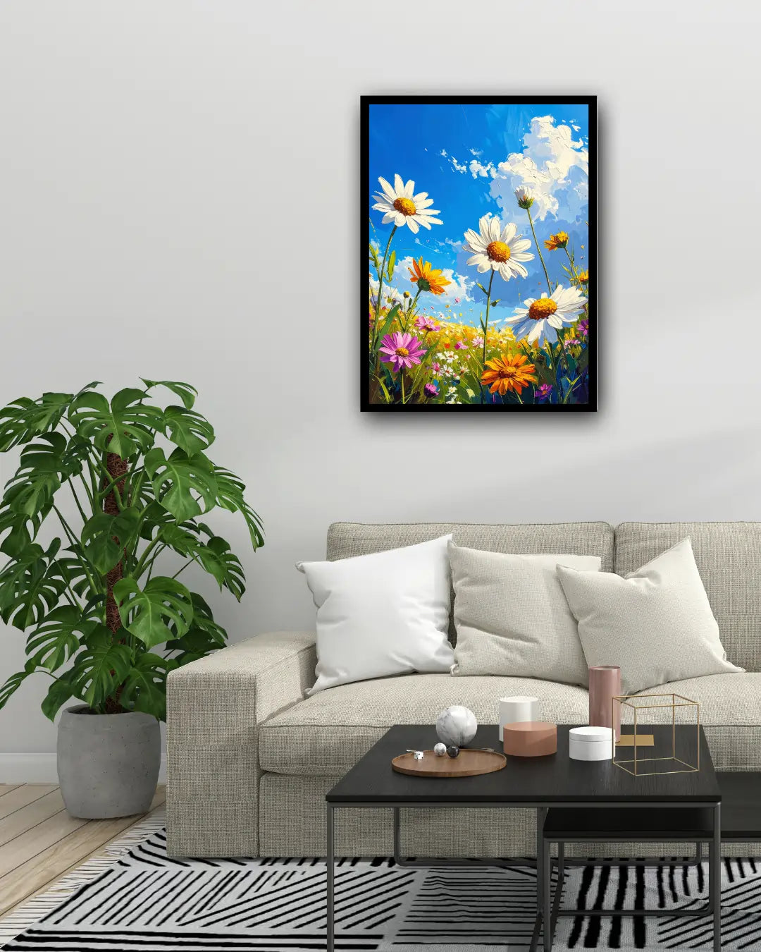Daisy floral wall art canvas displayed in a modern grey living room interior
