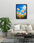 Daisy floral wall art canvas displayed in a modern grey living room interior
