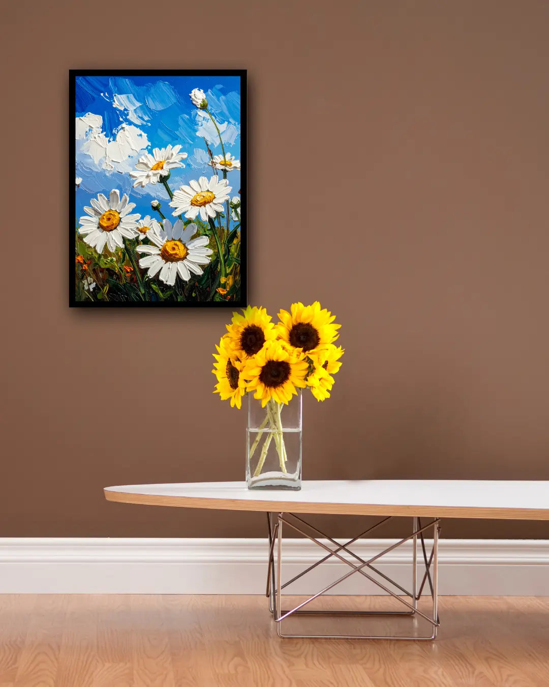 Daisy floral wall art canvas displayed above a table with sunflower decor
