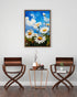 Daisy floral wall art canvas displayed above two chairs in a modern living room interior
