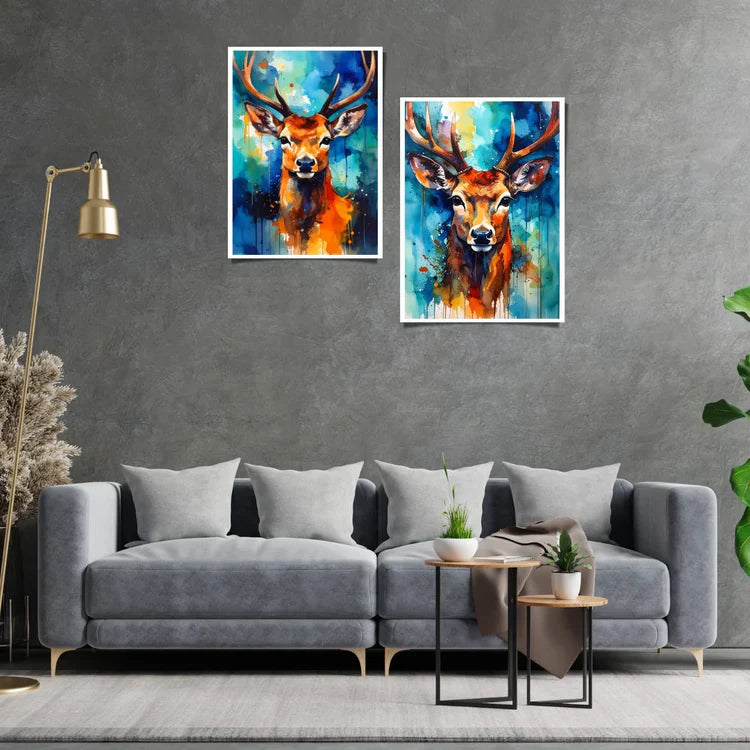 Deer canvas painting set for living room wall decor in modern abstract style