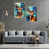 Two colorful deer paintings on a gray wall above a gray sofa.