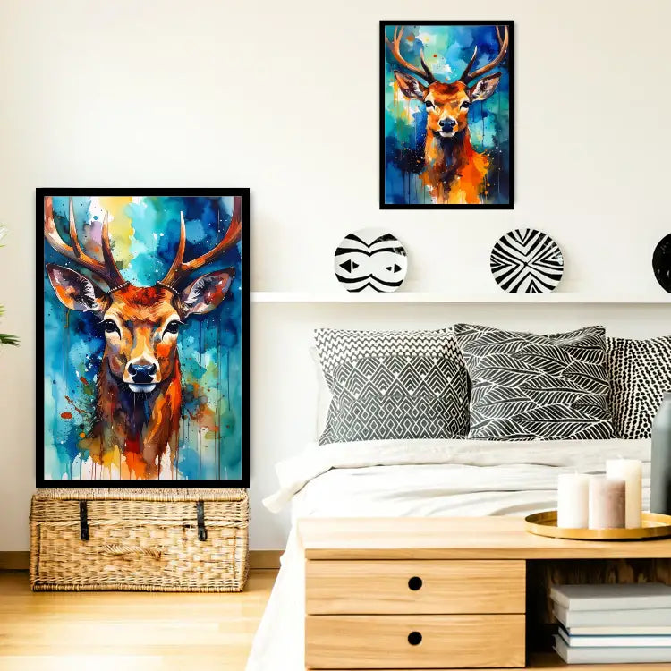 Decorative bedroom with deer artwork on the wall