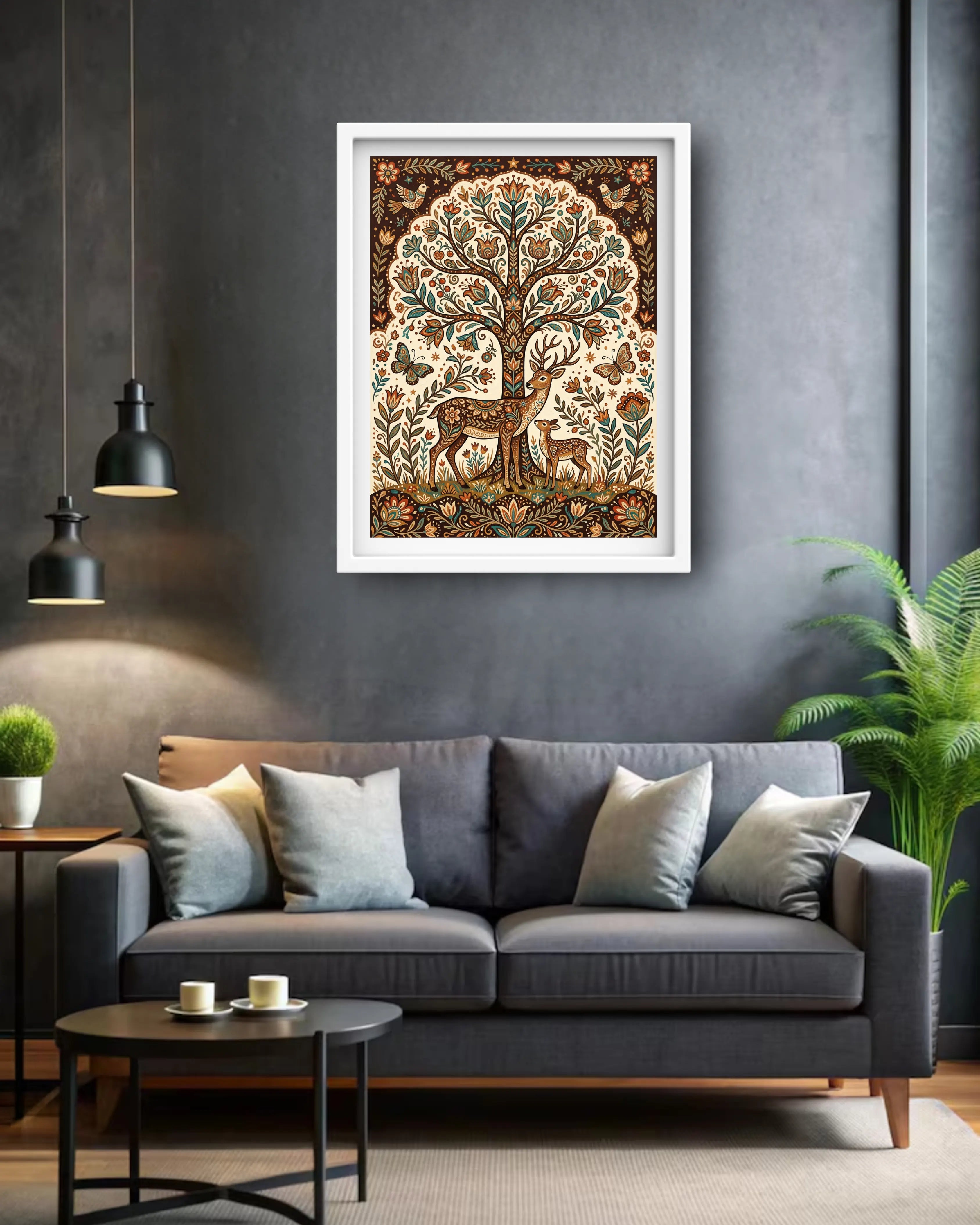 deer and tree wall painting placed in bedroom with aesthetic interior