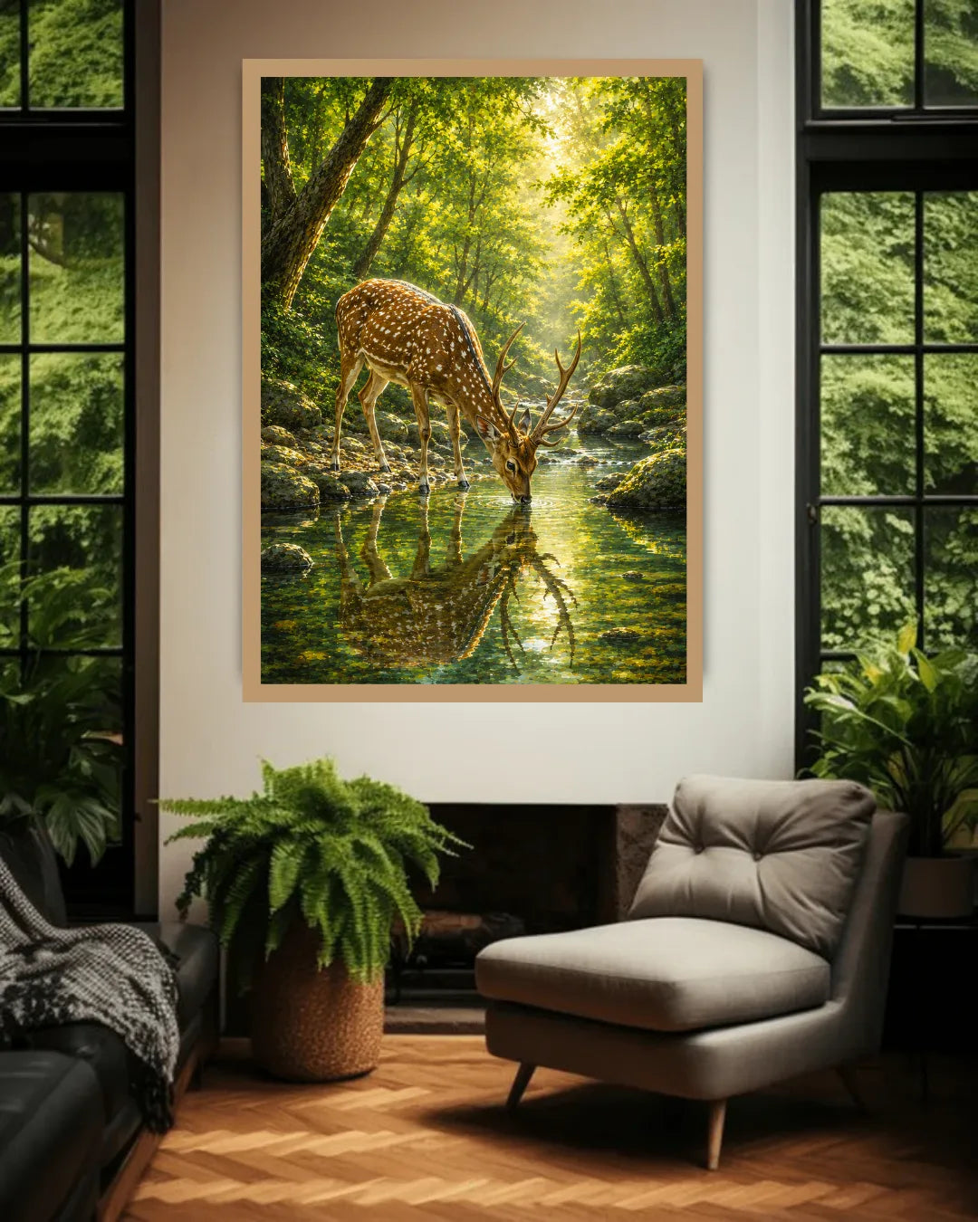Framed nature print of a deer in a forest scene above a sofa in a room with large windows.