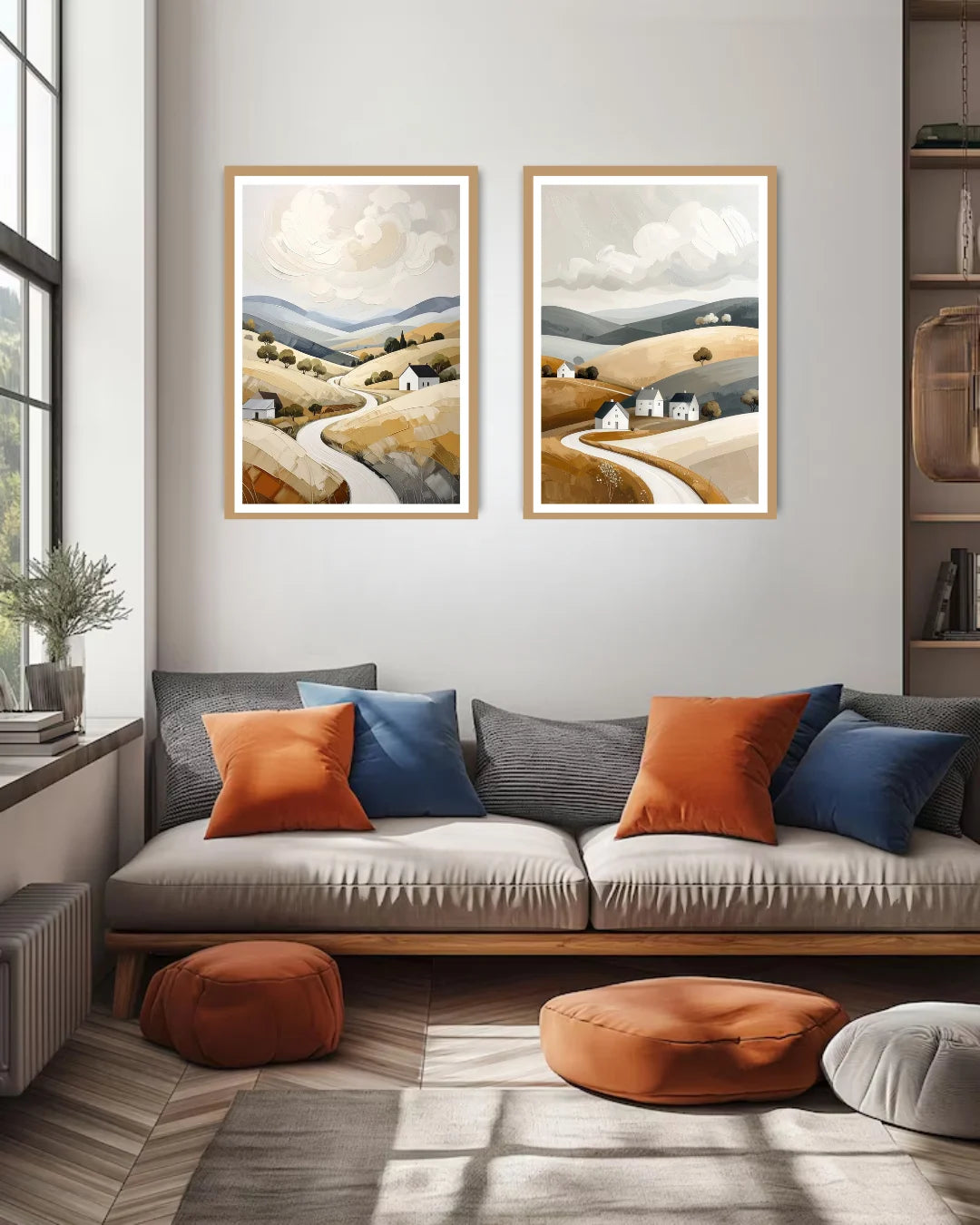 desert landscape wall art above sofa in cozy home interior