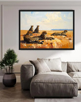 Desert landscape framed wall art above a bed in a cozy modern bedroom interior.