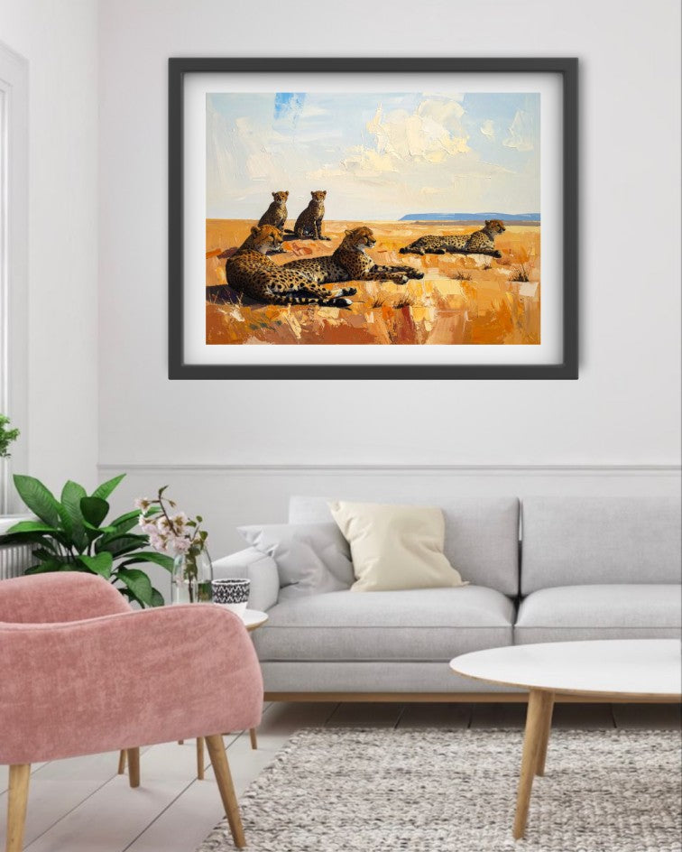 Desert landscape canvas artwork above a sofa in a bright and stylish living room