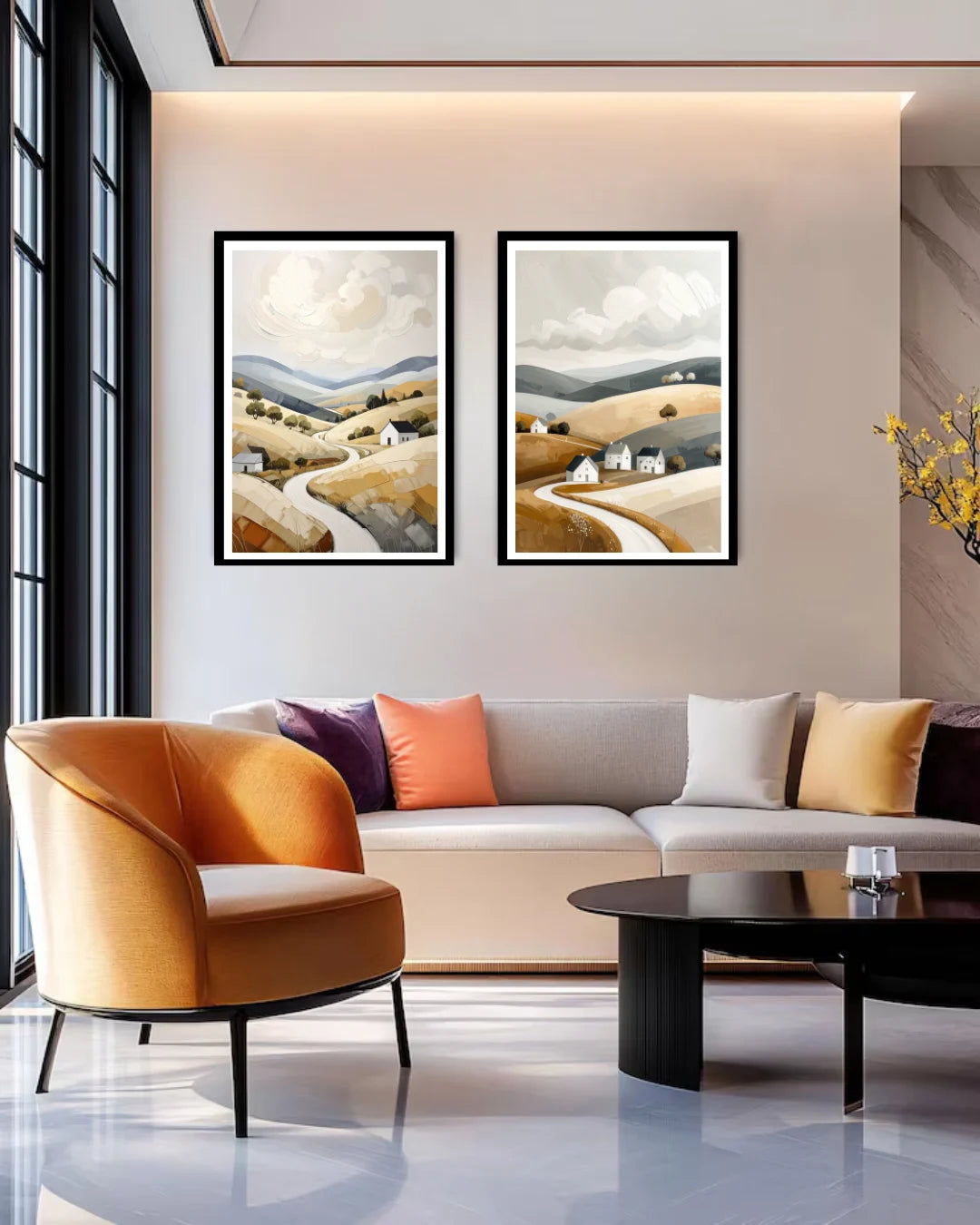 minimal desert landscape wall art set displayed in modern living room