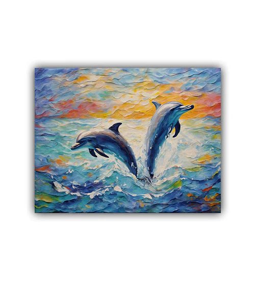 Dolphin animal wall art canvas painting in vibrant ocean colors
