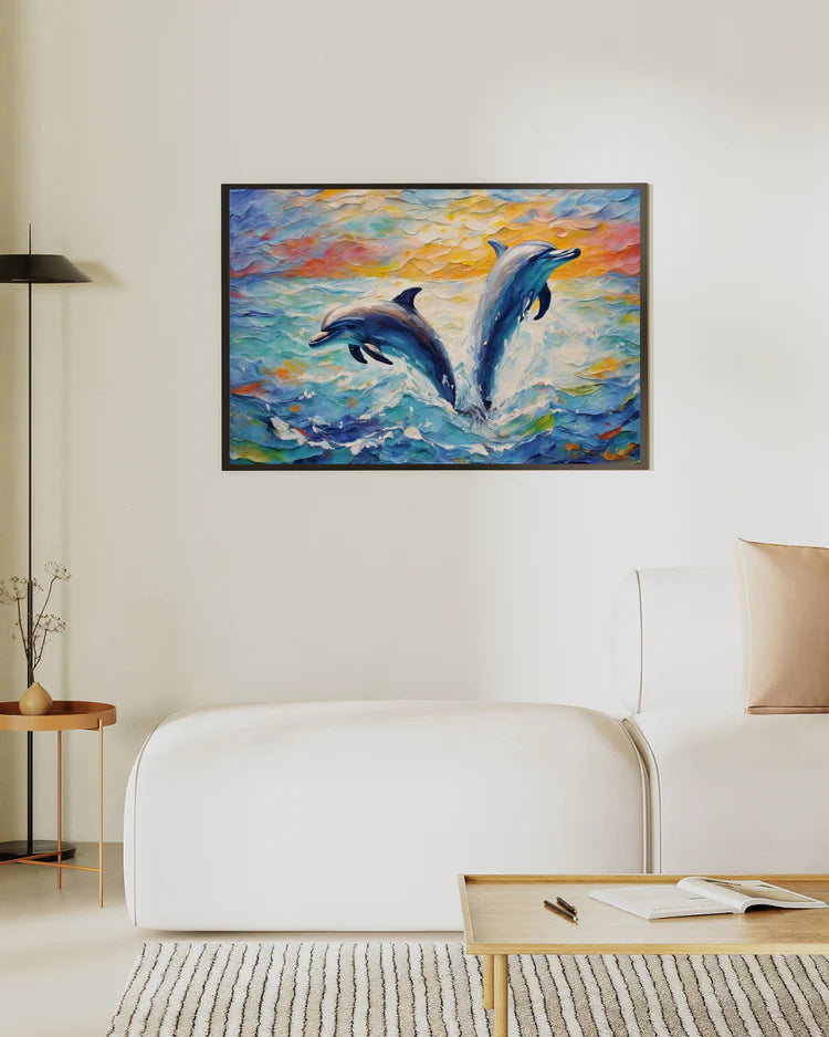 Dolphin wall art canvas painting displayed in modern home interior