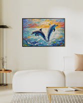 Dolphin wall art canvas painting displayed in modern home interior