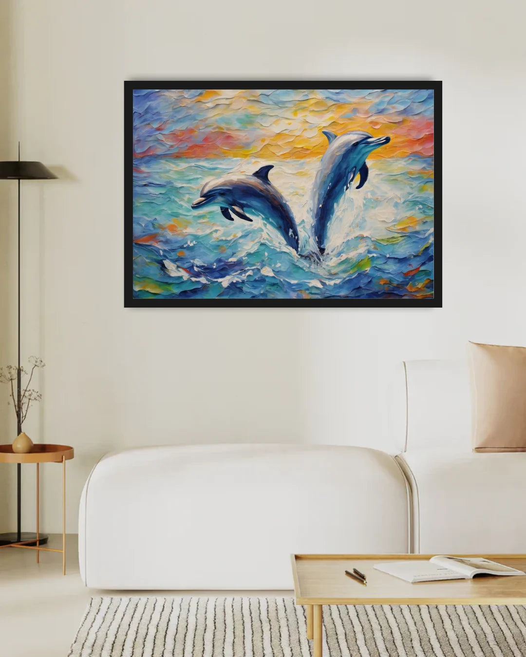 Colorful painting of dolphins in water above a white sofa in a living room.