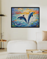 Colorful painting of dolphins in water above a white sofa in a living room.