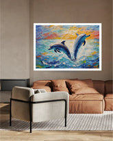 Colorful painting of dolphins on a wall above a brown sofa and white chair.