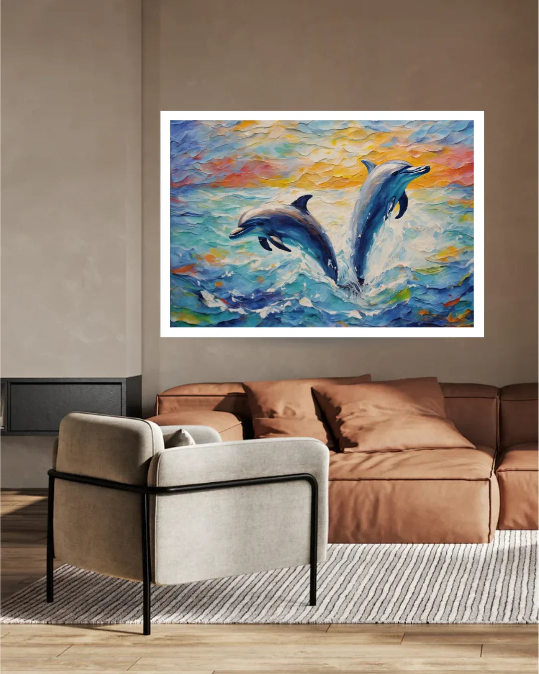 Colorful painting of dolphins on a wall above a brown sofa and white chair.